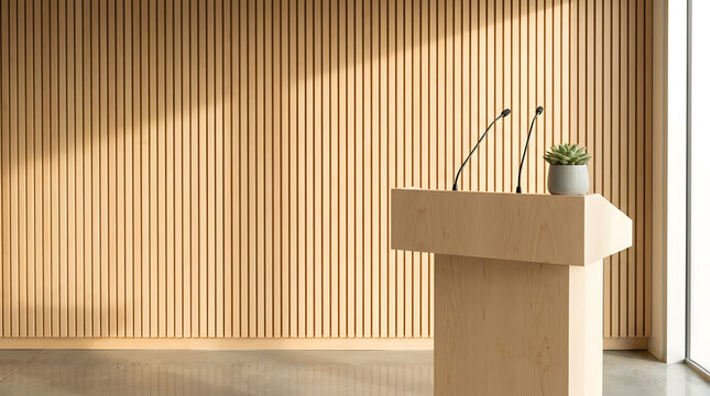Modern Wooden Podium with Microphones for Press Conference and Corporate Announcement against Slat Wall Background with Copy Space