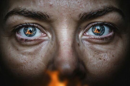 Dramatic portrait of intense eyes with fire reflection, emotional human expression close up, fiery blue eyes gaze