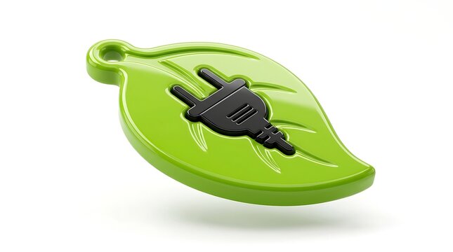 Green leaf shaped plastic pendant with an electric plug symbol green energy leaf shape