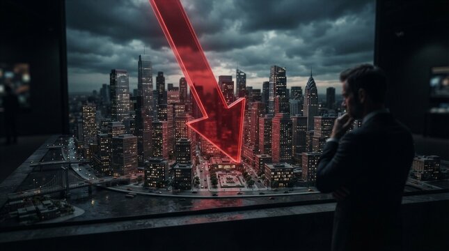 City model under red downward arrow observed by man