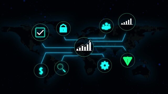 Business and finance icons animation connects across a world map. International monetary transactions link the finance icons. Worldwide economic analytics route around the finance icons.
