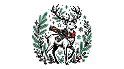 Fototapeta premium Festive reindeer illustration wearing scarf, Christmas wreath with pine branches and snowflakes vector graphic