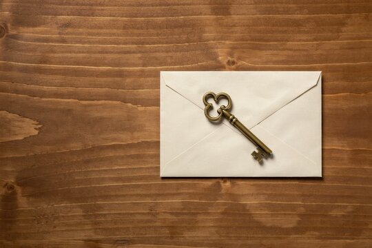 Vintage brass key on paper envelope, antique skeleton key resting on wooden background, classic letter message concept