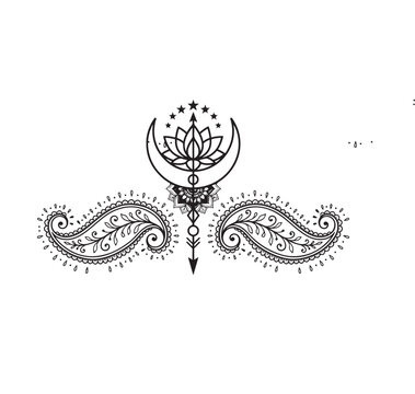Mystical mehndi underboast tattoo vector design with half moon lotus flower paisley motifs celestial stars arrow and ornate mandala lace elements isolated on a white background