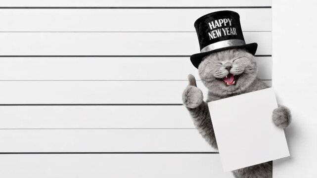 smiling gray cat wearing happy new year hat, holding blank white sign and giving thumbs up on white lined background