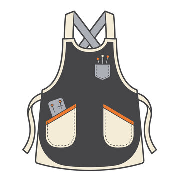 Illustration of a dark gray apron with sewing tools