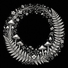 Obraz premium Circular line art wreath with mushrooms, ferns on black background. Mystical woodland flora illustration features detailed fungi, leaves, wildflowers. Elegant botanical design for fairy tale, magic,
