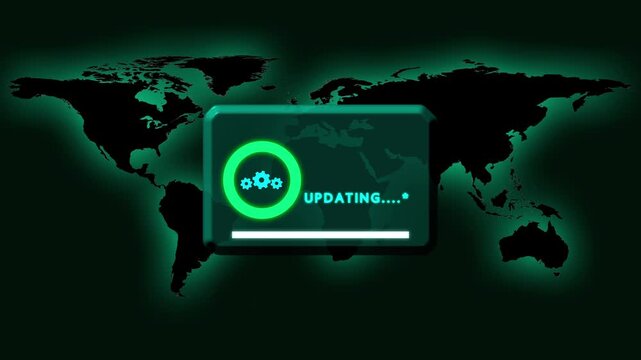 World map animation displays an update progress bar and gear icons. Global system software maintenance updates on this world map. Automated technical synchronization runs across the world map.