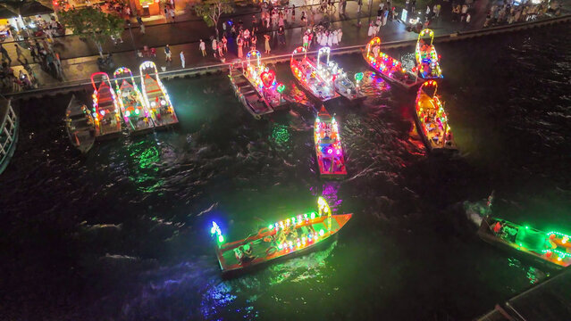 Stunning aerial view of Hoi An ancient town glowing with colorful lanterns at night