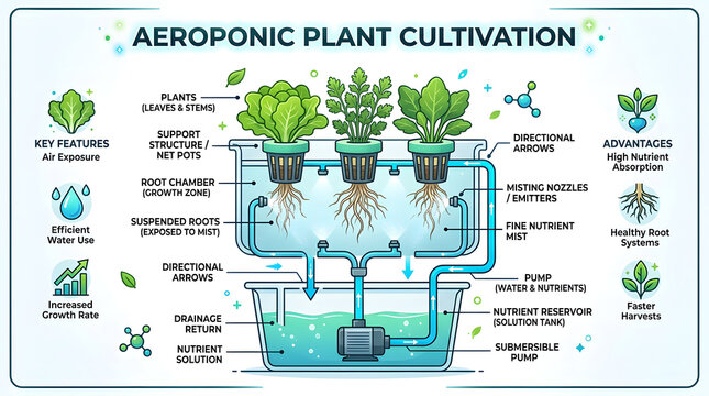 Educational infographic illustrating how aeroponic plant cultivation systems