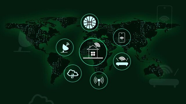 World map animation links smart home, internet, and tech service icons. Global digital telecommunications route across the world map. Worldwide cyber infrastructure powers this active world map.