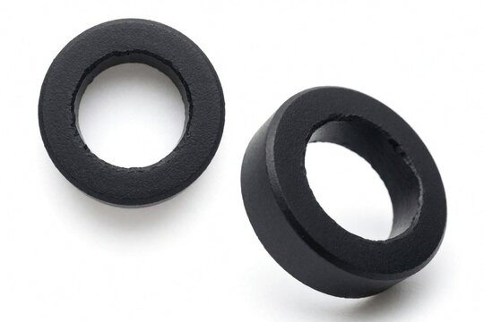 Two black ferrite ring cores on white background. Magnetic toroid component for electronic hardware. Industrial metal part shows two different views of round shape. Essential tool for power supply,