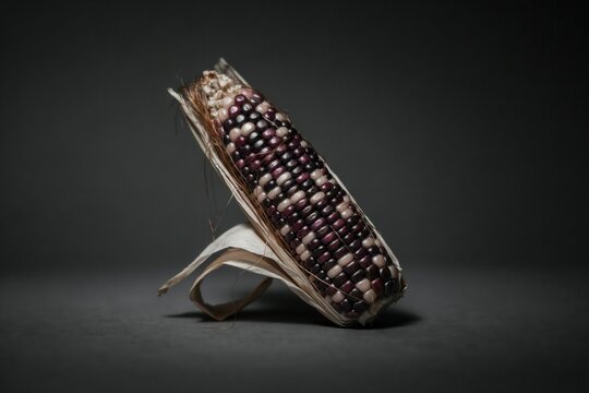 Ear of colorful ornamental flint corn on dark background