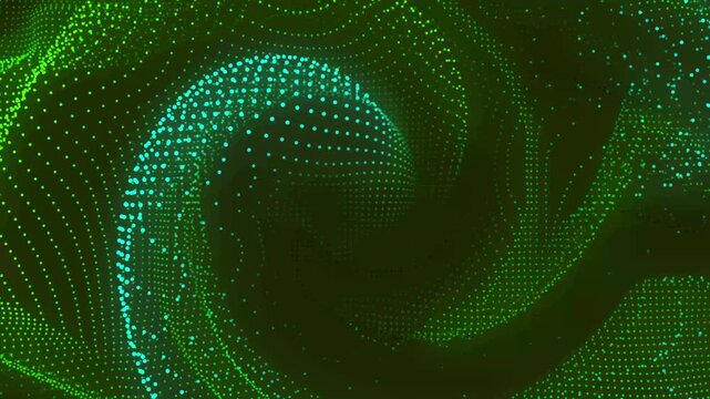 Wavy surface animation ripples with pink digital particles on dark. Fluid topographic terrain perspective shifts on the wavy surface. Dynamic cyber mesh motion graphics animate the wavy surface.
