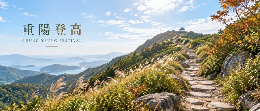 Chung Yeung Festival mountain trail with Chinese text 重陽登高 meaning Double Ninth Festival, 18 October, autumn foliage, rocky summit path and panoramic landscape for cultural holiday banner design