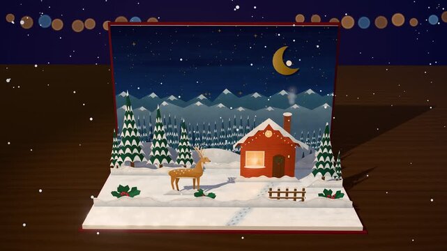 Paper pop-up book opens to reveal a snowy Christmas fairy tale scene with a glowing cottage, deer and fir trees, then closes, seamless loop