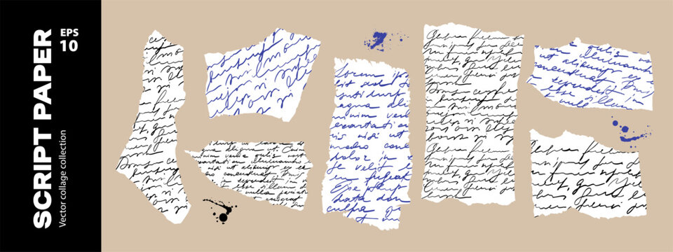 Retro handwriting cursive script fragments set. Junk journal torn papers. Notebook diary texture scrapbook collage. Vector isolated Illustration