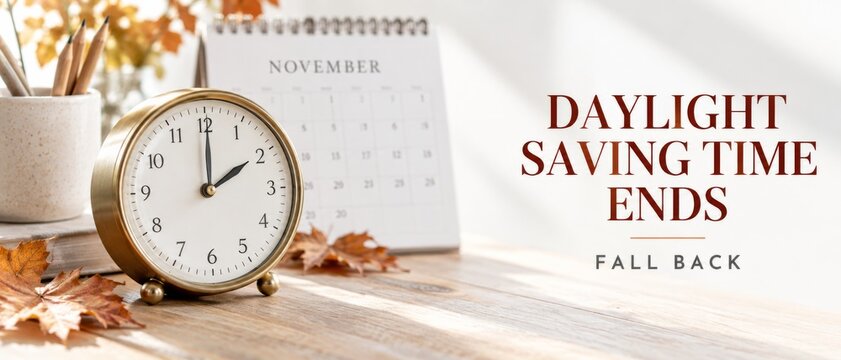 Daylight Saving Time Ends reminder with classic alarm clock, November calendar, autumn leaves, and red typography reading Fall Back, arranged on bright wood surface with copy space for seasonal timing