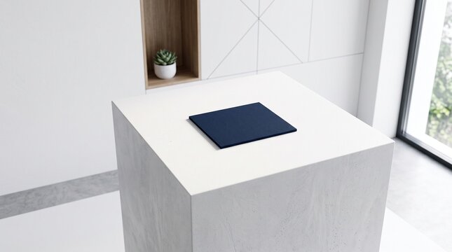 Modern minimalist display cube with dark blue square object on white surface.
