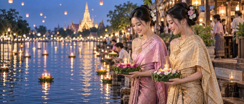 Loy Krathong festival features two Thai women carrying flower decorated krathongs beside glowing riverside temple, floating candles, lanterns and reflections, conveying cultural celebration and Thai