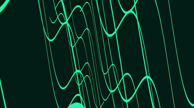 Wavy lines animation flows smoothly in radiant green on dark space. Dynamic fluid liquid ribbons move along these green wavy lines. Calming ambient visual motion animates the green wavy lines.