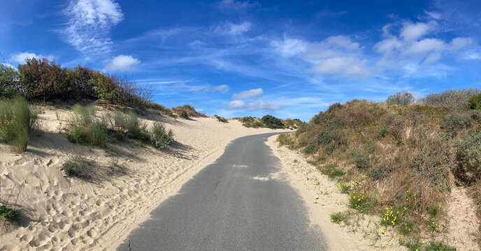 road leading between sandy dunes on a sunny blue sky day