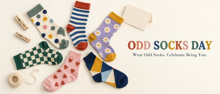 Odd Socks Day campaign with colorful mismatched socks, clothespins, greeting cards, and English celebration text on cream background, promoting individuality, kindness, inclusion, awareness, and copy