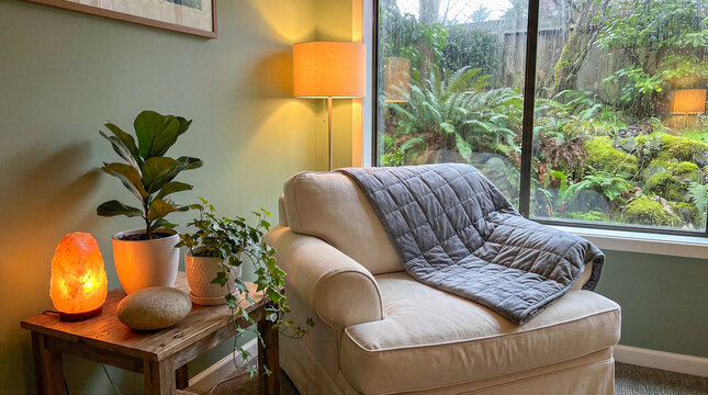 Cozy living room corner with chair, plant, and natural light  trauma therapy safe space