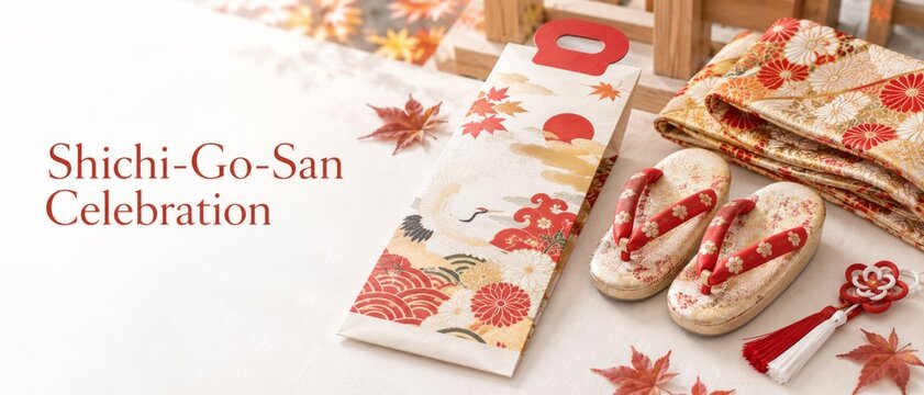 Japanese Shichi-Go-San holiday celebration with traditional patterned kimono fabric, sandals, decorative pouch, autumn maple leaves, and red greeting text on warm seasonal background with copy space