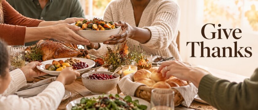 Thanksgiving family feast with roasted turkey, shared dishes, and Give Thanks lettering, conveying gratitude, togetherness, seasonal celebration, and generous hospitality for holiday marketing or copy