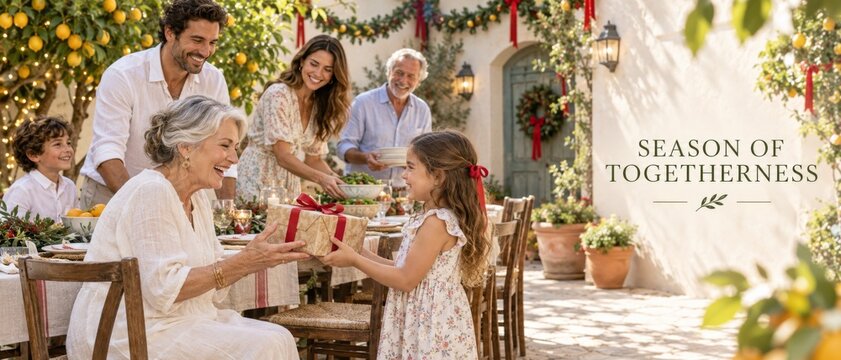 Multigenerational family celebrating tropical winter holidays outdoors with gift exchange, festive decorations, citrus trees, and Season of Togetherness message, offering warm seasonal marketing copy