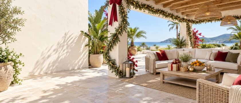 Tropical winter holidays terrace with Christmas garland, red ribbon, palm trees, ocean view, and festive gifts, blending seasonal celebration with sunny coastal resort lifestyle and spacious copy area