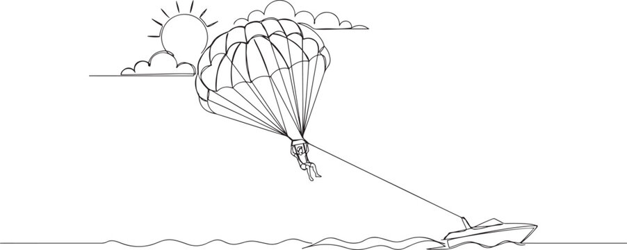 Single continuous line drawing of young tourist man flying with parasailing parachute on sky pulled by a boat. Extreme vacation holiday sport concept. one line Icon drawing