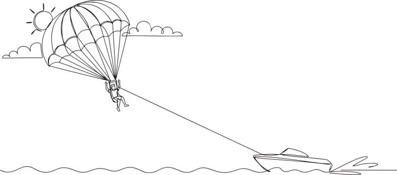 Single continuous line drawing of young tourist man flying with parasailing parachute on sky pulled by a boat. Extreme vacation holiday sport concept. one line Icon drawing
