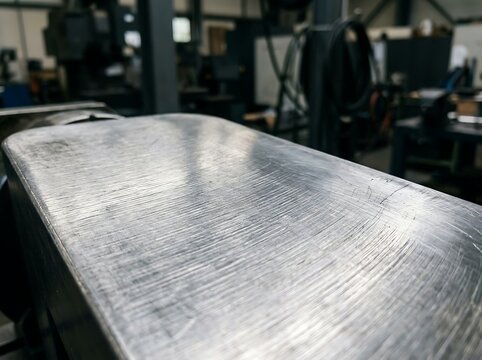 Close up of brushed metal steel block showing detailed surface textures scratches and reflective light highlights in industrial workshop environment.