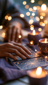 Reader's hands arranging tarot cards on a deep purple cloth by candlelight purple ceramic holders and delicate celestial motifs illuminated by warm flames subdued violet surroundings and