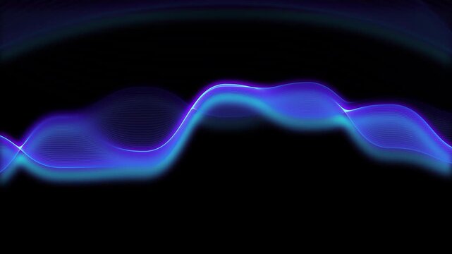 Sound waveform animation pulses with glowing blue neon lines on dark. Audio frequency equalizer telemetry routes on the sound waveform. Modern music production graphics power this sound waveform.