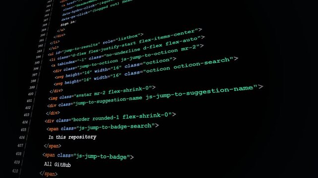 HTML Source Code Script Scrolling in Dark IDE Interface for Web Development and Frontend Programming Presentation