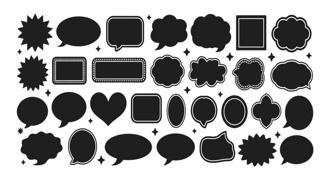 Black speech bubble set including various thought shapes and callouts for social media chat and communication design assets.