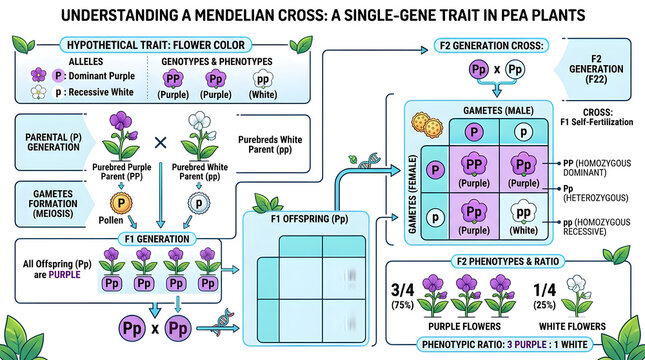 Diagram explaining mendelian genetics and single gene traits in pea plants