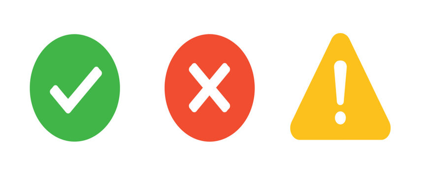 Check mark cross and exclamation mark icons for confirmation error and warning signs in a flat design.