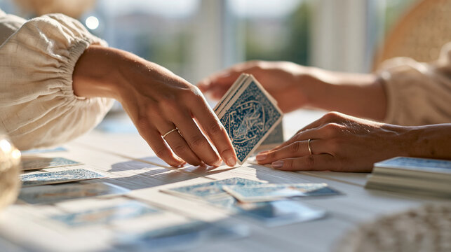 Cropped torso view of a European reader arranging blue backed tarot cards across a white wooden table pale cotton sleeves and a simple ring beside the deck in clear window light tarot
