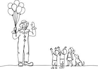 Obraz premium Single continuous line drawing the male clown stands while holding several balloons in his right hand. Children really like the show. one line Icon drawing