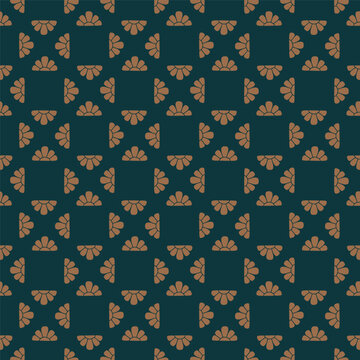 Seamless vintage floral tile pattern with terracotta fan motifs in geometric grid squares on deep teal background. Elegant art deco vector pattern for home decor