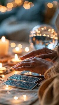 Cropped view of a tarot reader's hands hovering over face down cards beside burning candles and a clear crystal ball blue patterned card backs on a wooden tabletop small pools