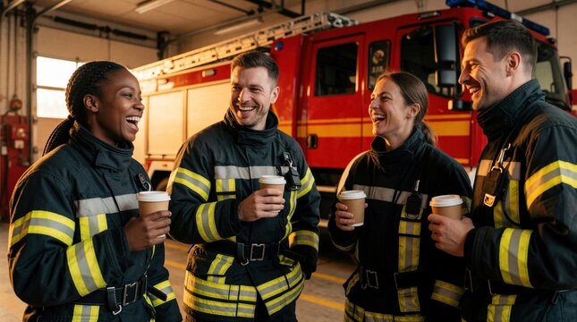 Diverse team of three firefighters enjoy coffee break at fire station. Group of men, woman in uniform laugh together near red fire engine. Colleagues build teamwork, strong bond during rest period at