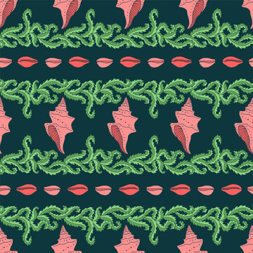Seamless Art Nouveau marine pattern with spiral shells, cowries, and green algae borders on dark teal background. Horizontal ornamental stripe vector print for coastal decor and resort apparel.