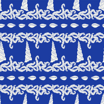 Seamless Art Nouveau marine damask pattern with white and cobalt blue spiral shells, cowries, green algae borders. Horizontal monochrome ornamental stripe vector print for coastal decor