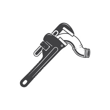 Heavy duty adjustable pipe wrench tool icon with plumbing mechanical hardware