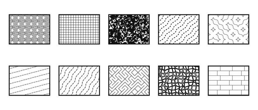 Architectural CAD hatch pattern collection featuring ten unique seamless textures showing brick, grid, organic shapes, wavy lines, geometric maze and stone finishes for professional drafting